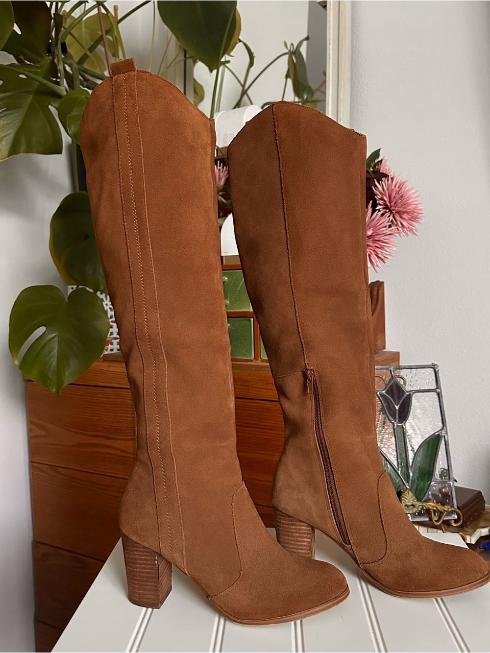 Also Brown Suede Knee-High Block Heel Boots